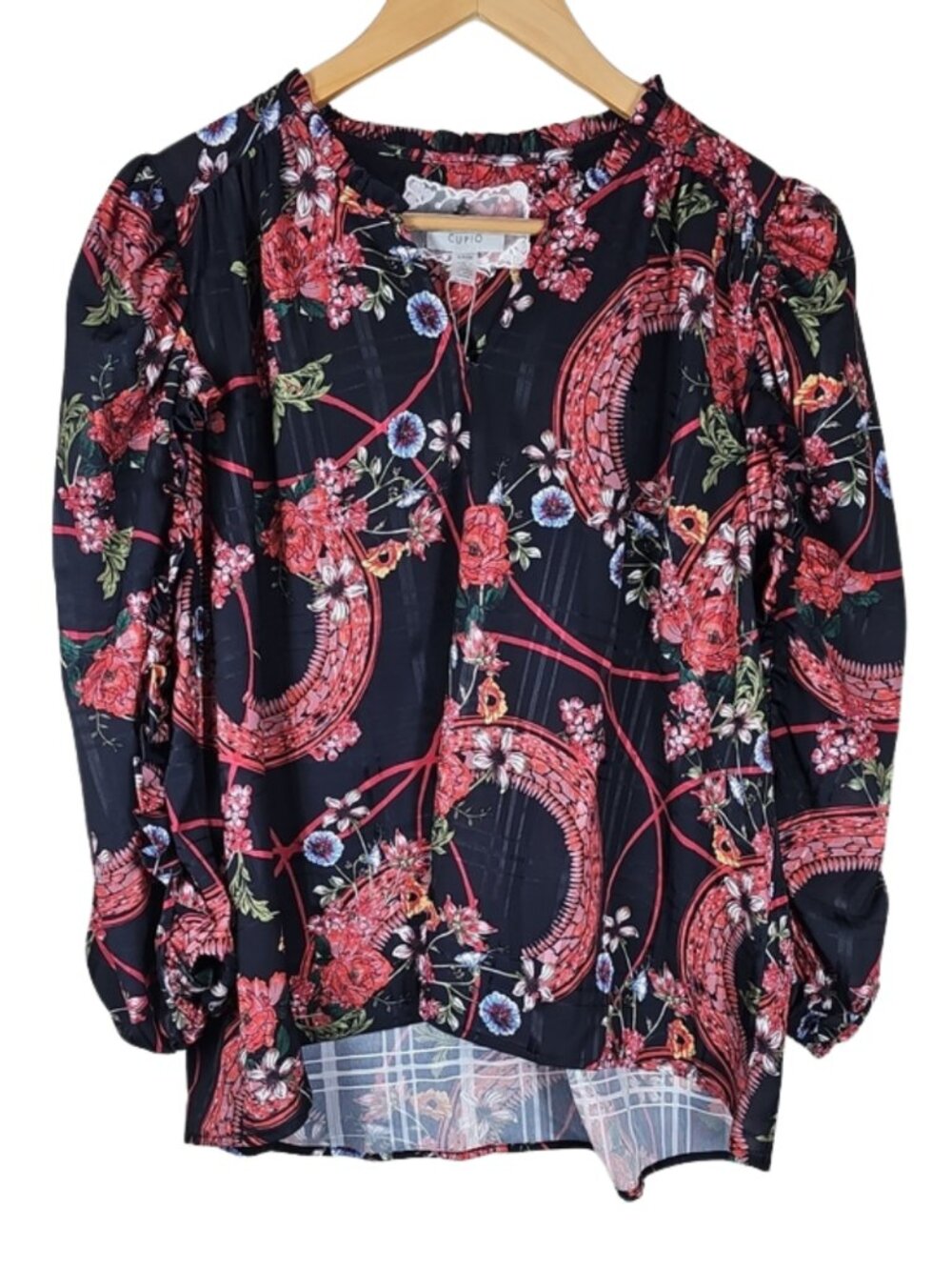 NWT Cupio Black Floral Chain Print Ruffle Sleeve Blouse Sz S Romantic Dark Boho